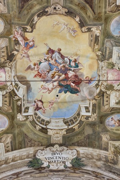 Udsigt over hvælvingen med fresker af Teatini Room, Chiesa di San Vincenzo, Piacenza, Emilia-Romagna, Italien (foto) af Unbekannter Künstler