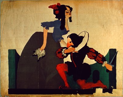 Vintage plakat af mand knælende ved kvindens fødder, Shakespeare-tegning (farve litho) af Unbekannt