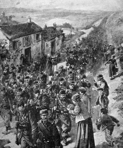 WWI - Franske soldater marcherer til fronten 1914 af Unbekannter Künstler