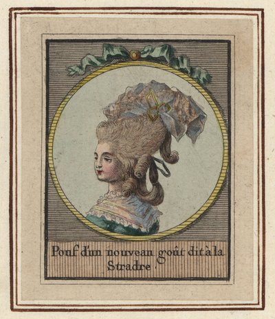 Kvinde i en ny slags puf kaldet Stradre. Puf med en ny smag kaldet Stradre. Håndkoloreret kobberstik af en ukendt kunstner fra et Album of Fashionable Hairstyles of 1783, Suite des Coeffures a la Mode en 1783, Enauts et Rapilly, Pari af Unbekannter Künstler