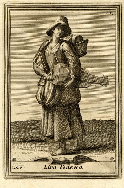 Kvinde spiller på det gamle hjul (eller "Lira tedesca" eller "ghironda"). I "Gabinetto Armonico" af Filippo Bonanni, Rom. af Unbekannter Künstler
