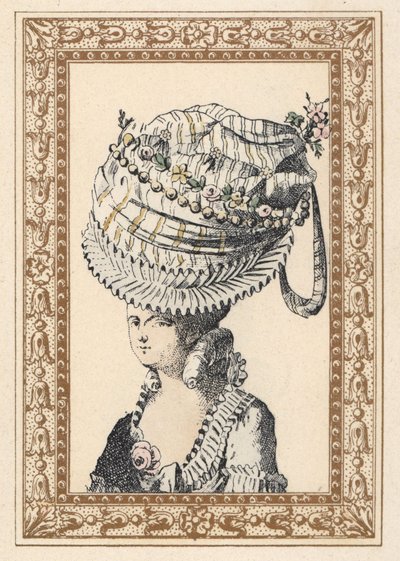 Kvinde iført en enorm hat kaldet Århundredets Lykke. Håndkoloreret litografi af de Laubadere fra Octave Uzanes Stylish Hairstyle or Eccentric Finery from the era of King Louis XVI, Hairstyles de Style, La Parure Eccentric, Rouveyre, Paris. af Unbekannter Künstler