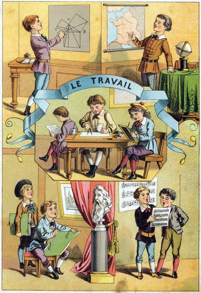 Arbejd i klasseværelset. Indgravering i "Alphabet des petits ecoliers". Billeddannelse af Epinal, ca. 1885. Privee Collection af Unbekannt