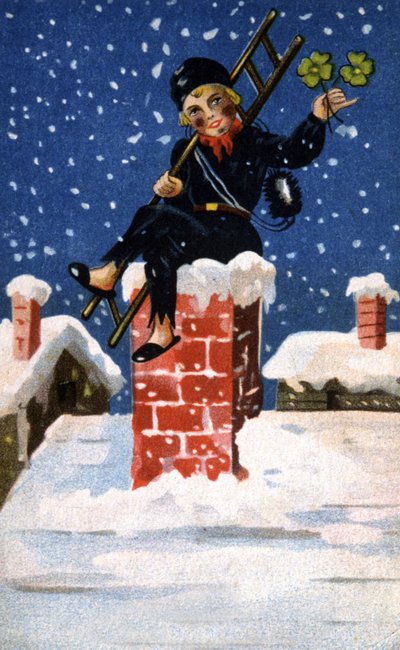 Ung skorstensfejer med kløver for held og lykke, ca. 1920 (illustration) af Unbekannter Künstler