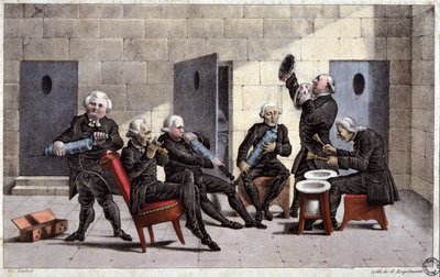 amatører, der spiller en courante, fransk tegneserie mod læger (der holder sprøjter og natpotter som musikinstrumenter) og afføringsmiddel i det 18. århundrede, stik af Elgelmann, ca. 1830 af Unbekannter Künstler
