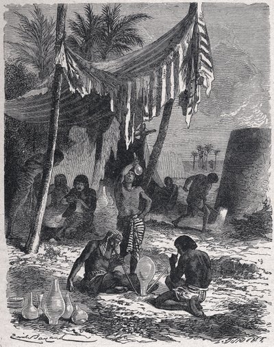 Glasfremstilling i det gamle Egypten, ca. 1880 (kobberstik) af Unbekannter Künstler