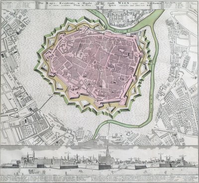 Plan over den indre by i Wien med fæstningsværkerne og de nærmeste forstæder af Unbekannter Stecher