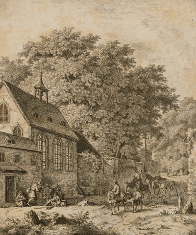 Landskab med kirke og bønder af Unidentified