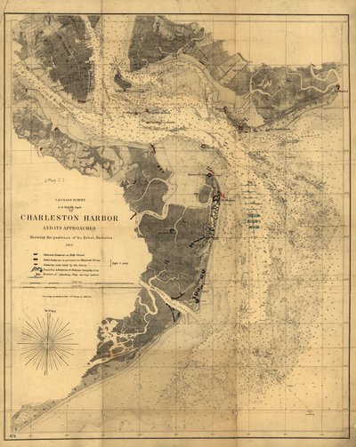 Charlestons havn og dens indsejlinger med oprørsbatteriernes positioner. LOC 99448827 af United States Coast Survey