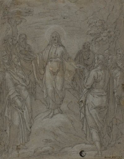 Kristus og apostlene (recto); Skitse af en julekrybbe (verso) af Unknown