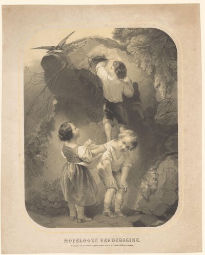 Tre børn stjæler æg fra en fuglerede Hopeless Defense (titel på objekt) af Unknown