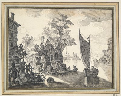 Fantastisk landskab med flod og vandmølle af Unknown