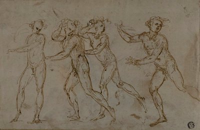 Fire løbende mandlige nøgenbilleder (recto); Hellig familie med spædbarnet Johannes Døberen (verso) af Unknown