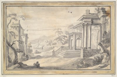 Italiensk landskab med imaginær villa af Unknown