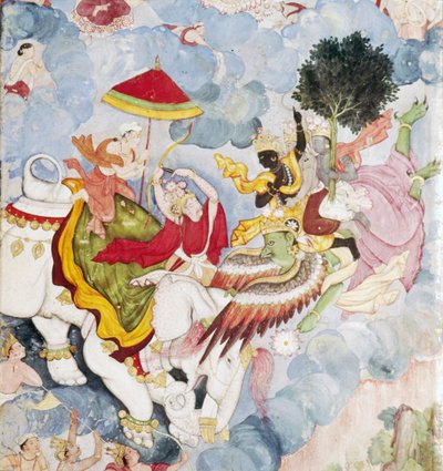 Krishna, på Bird-God, Garuda kæmper mod Indra på elefant, Harivamsa manuskript, c1590 af Unknown