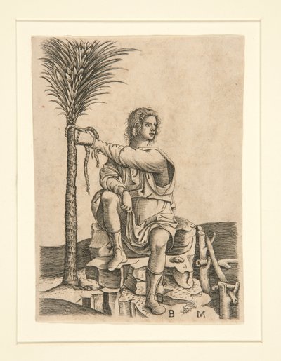 Mand siddende ved et palmetræ af Unknown