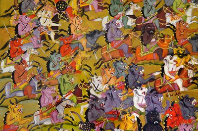 Marwar-maleri: Detalje fra Dæmonerne forbereder sig til kamp mod gudinden Durga, Mehrangarh Fort-paladsmuseet, Jodhpur, Rajasthan, Indien af Unknown