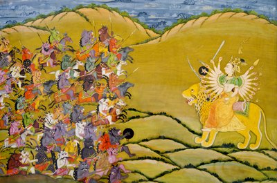 Marwar-maleri: Dæmonerne forbereder sig til kamp mod gudinden Durga, Mehrangarh Fort-paladsmuseet, Jodhpur, Rajasthan, Indien af Unknown