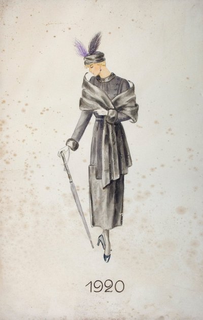 Model iført frakke og hat med fjer, med paraply, 1920 af Unknown