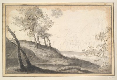 Bjerget landskab med træer og by i afstand af Unknown