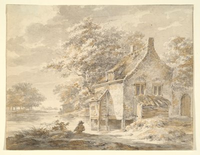 Flodlandskab med hus af Unknown
