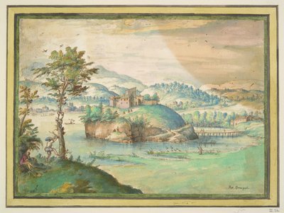 Flodlandskab med mand, der klatrer i et træ af Unknown