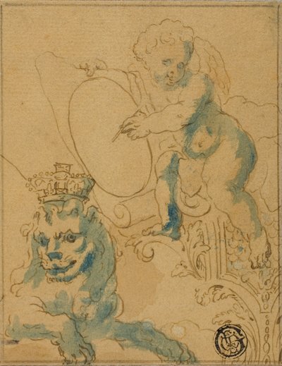 Afsnit af Loftsdekoration med Amor med Scroll og Løve med Krone af Unknown