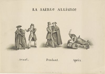 Tegneserie af alliancen mellem det romerske præsteparti og det liberale parti mod den hollandske regering, 1828 La Sainte Alliance (titel på objekt) af Unknown