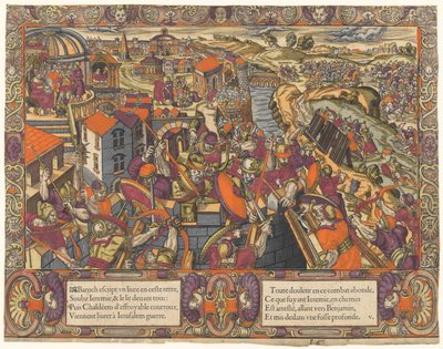 Historien om Jeremias: Baruk skriver en bog under Jeremias, kaldæerne belejrer Jerusalem, Jeremias bliver lagt i en grøft (Jeremias 36-38) af Unknown