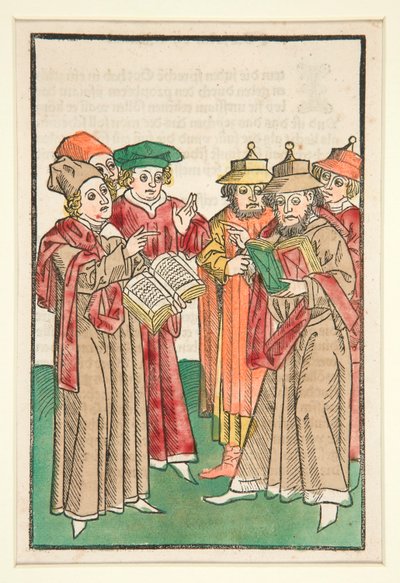 Tre kristne og tre jødiske lærde disputerer, illustration fra Der Seelen-Wurzgarten af Unknown