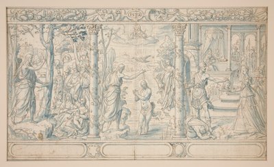 Tre scener fra Johannes Døberens liv; Johannes Døberens prædiken, Kristi Dåb, Halshugningen af Johannes Døberen af Unknown