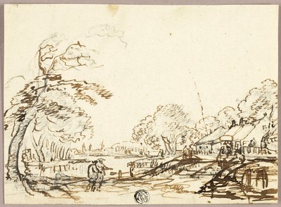 To figurer langs floden nær broer og huse (recto); To figurer på broen ser på mand i kumme (verso) af Unknown