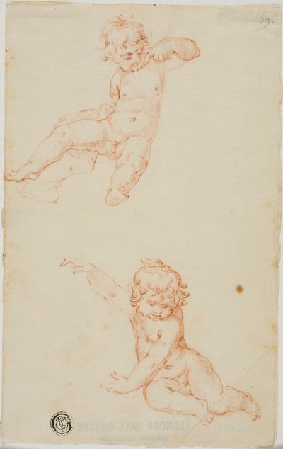 To siddende Putti af Unknown