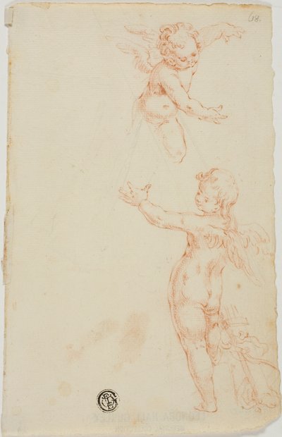 To vingede Putti, en flyvende af Unknown