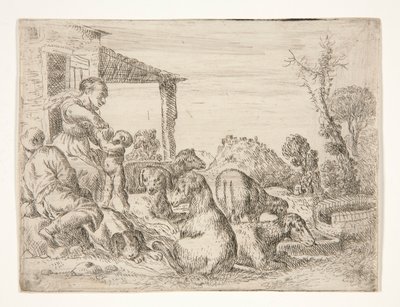 Uden titel (bondefamilie med hunde og lam i et landskab) af Unknown