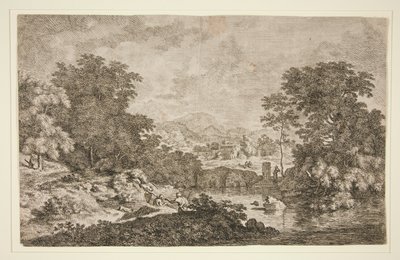 Uden titel [Pastoral scene - bjergrigt landskab nær vandmasse og fem figurer] af Unknown