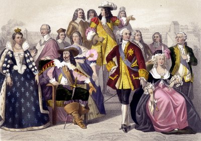 1610 til 1774. Marie de Medici, Ludvig XIII, Ludvig XV, Marie Antoinette og Ludvig XVI. Indgravering af det 19. århundrede. af Unknown artist