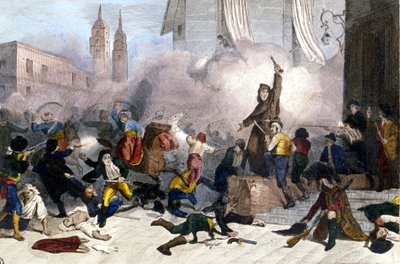 2/05/1808: Madrid-opstand mod den franske overtagelse af Spanien. Indgravering af det 19. århundrede af Unknown artist