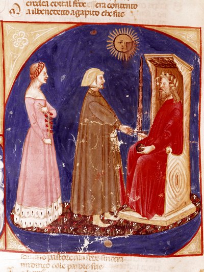 2. himmel: Dante og Beatrice står over for den romerske kejser Justinian i Paradisets 1. himmel. Oplyst side, der illustrerer en sang fra Paradiset fra "Divina Commedia" af Dante Alighieri (1265-1321). 1300-tallet, Venedig, Biblioteca Marciana af Unknown artist