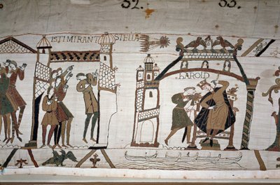 32: Kometens udseende; 33: En budbringer advarer Kong Harold II (1022 - 1066) - Bayeux-tapet, kendt som Broderi af Dronning Mathilde af Unknown artist