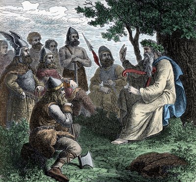 A Bard Reciting to Northmen - Viking Civilization: A Bard Druid Recite Poesy to Warriors, 8.-9. århundrede af Unknown artist