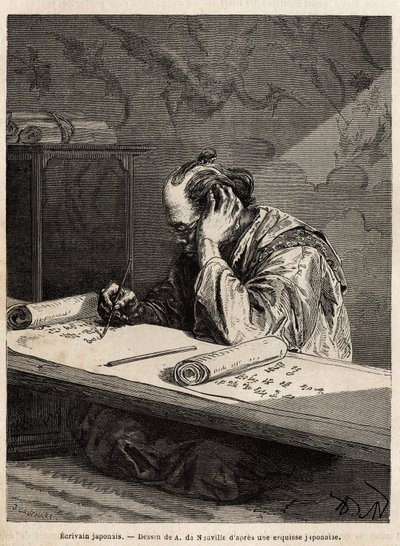 En japansk forfatter har sit arbejdsbord, og redigerer en tekst på en lang rulle, som han ruller eller derulerer alt efter, hvordan hans opgave skrider frem. Indgravering til illustration af rejsen til Japan i 1863-1864 af Aime Humbert, minister for Det Sc af Unknown artist