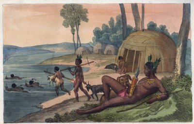 En Korah Hottentot-landsby på den venstre bred af Orange River - indgravering fra "" skikke og traditioner for alle folk i universet. Det er historien om regeringen, lovene, militsen, om religionen af ​​alle nationer fra de fjerneste tider op til dagene af Unknown artist