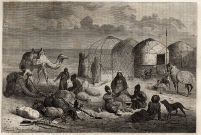 En turcomansk lejr i grænseområdet til Turkestan og Persien, hvert telt, der er lavet af træespalier og dækket med filt, huser en familie. Gravering for at illustrere historien om Henri de Blocqueville "14 mois de captivite chez les turcomans"" mellem 1860 af Unknown artist