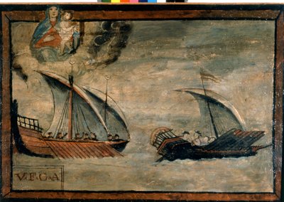 En tyrkisk kabys forfølger en kabys fra kongeriget Napoli. Ex-voto fra det 17. århundrede. Madonna dell