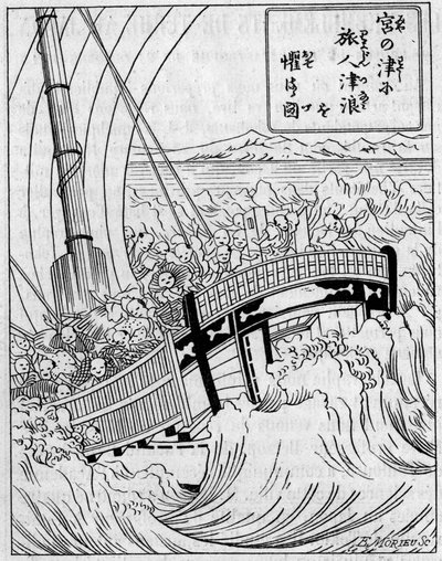 En baggrundsbølge dannet af et jordskælv. Fac simile (Fac-simile) af en gravering fra et japansk værk om jordskælv. Indgravering i "" La Nature: revue des sciences et de leurs applications aux arts et a l