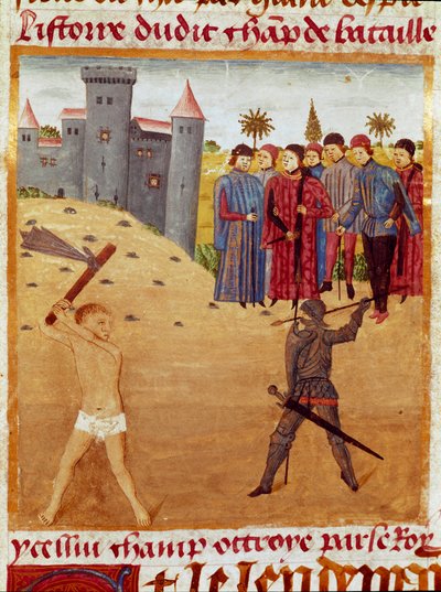 En kamp mellem en makedonsk og en athensk miniature taget fra "The Book of Facts of Alexander the Great"" af Quintus Curtius Rufus (Quinte Curce) (1. århundrede), omkring 1468. (Ms 1335) Reims. Kommunebibliotek af Unknown artist