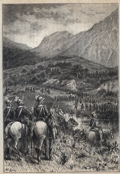 En slagmark - illustration fra det 19. århundrede til den historiske roman "The Puritans of Scotland" (Old Mortality) af Walter Scott (1771-1832) af Unknown artist