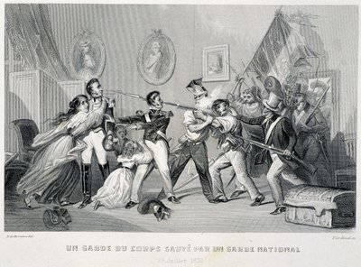 En livvagt redder af en nationalgarde (29. juli 1830) - i "Fasttes de Gardes nationales de France" af Unknown artist