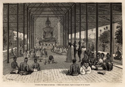 En bonzeordinationsceremoni i et tempel i nærheden af Angkor, Cambodja. Gravering til illustration af udforskningsrejsen i Indokina af Francis Garnier, løjtnant de Vaissseau, i 1866-1868, udgivet i "" Le tour du monde""" 1870-1871, redigeret af af Unknown artist